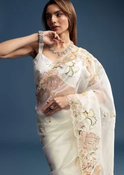 Off White Paper Tissue Saree With Floral Embroidery