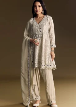 Off White Patiala Suit With Mirror Work Kurta Dupatta