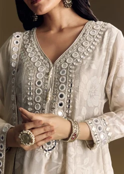 Off White Patiala Suit With Mirror Work Kurta Dupatta