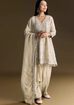 Off White Patiala Suit With Mirror Work Kurta Dupatta