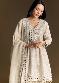 Off White Patiala Suit With Mirror Work Kurta Dupatta
