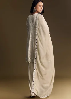 Off White Patiala Suit With Mirror Work Kurta Dupatta