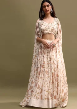Off White Printed Chiffon Lehenga Choli Set