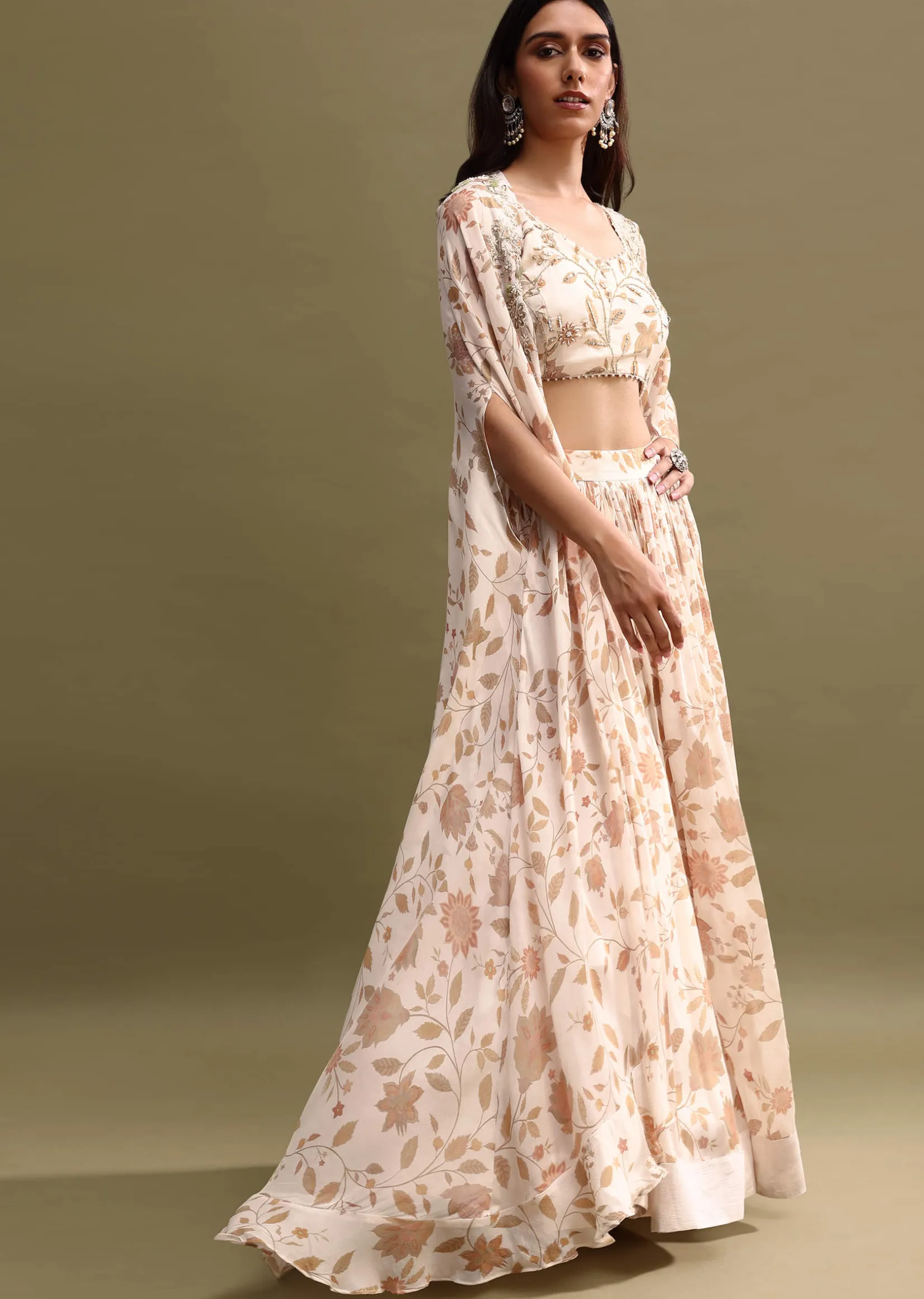 Off White Printed Chiffon Lehenga Choli Set