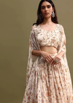 Off White Printed Chiffon Lehenga Choli Set