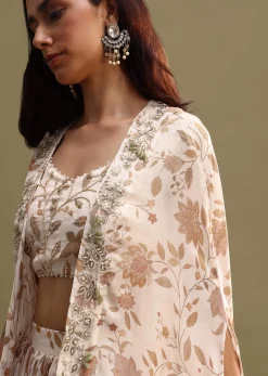 Off White Printed Chiffon Lehenga Choli Set