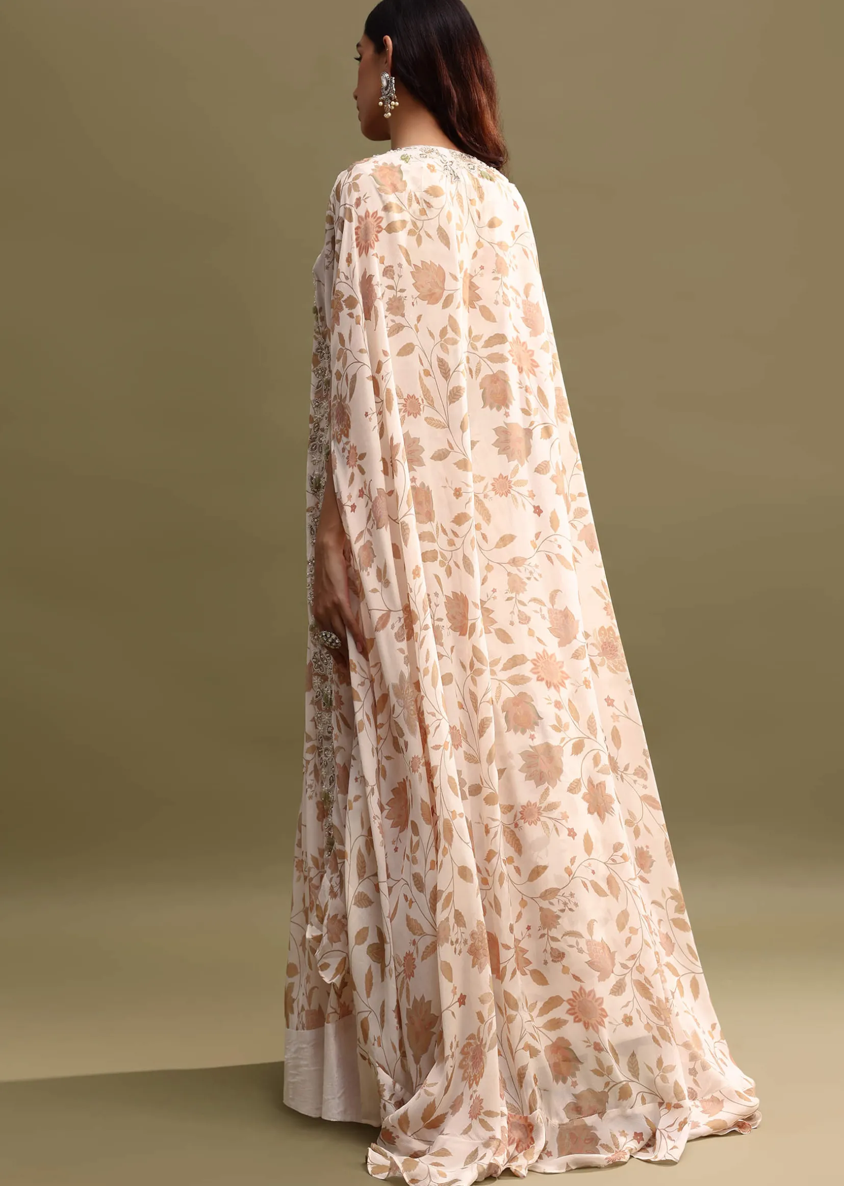Off White Printed Chiffon Lehenga Choli Set