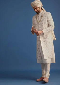 Off White Raw Silk Embroidered Sherwani Suit