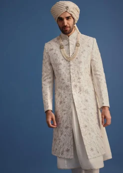 Off White Raw Silk Embroidered Sherwani Suit