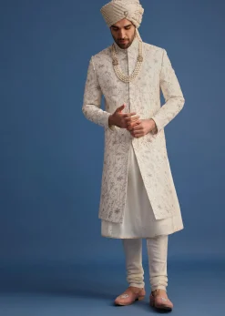 Off White Raw Silk Embroidered Sherwani Suit