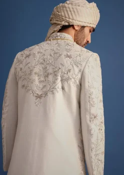 Off White Raw Silk Embroidered Sherwani Suit