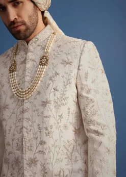 Off White Raw Silk Embroidered Sherwani Suit