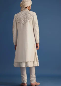 Off White Raw Silk Embroidered Sherwani Suit