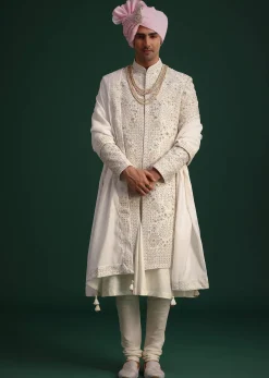 Off White Raw Silk Hand Embroidered Sherwani Dupatta Set