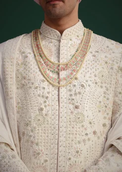 Off White Raw Silk Hand Embroidered Sherwani Dupatta Set