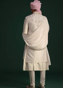 Off White Raw Silk Hand Embroidered Sherwani Dupatta Set