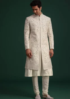 Off White Raw Silk Hand Embroidered Sherwani Dupatta Set