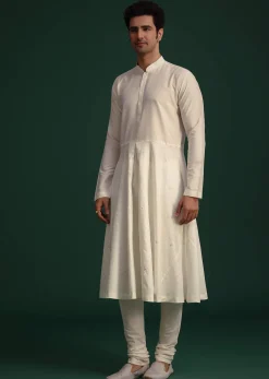 Off White Raw Silk Hand Embroidered Sherwani Dupatta Set