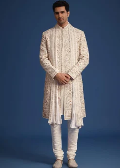 Off White Raw Silk Sherwani Set With Hand Work
