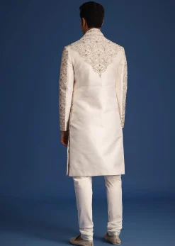 Off White Raw Silk Sherwani Set With Hand Work