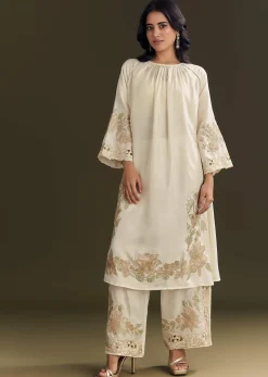 Off White Russian Silk Kurta Dupatta Set With Applique Zari Work