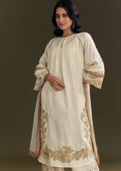 Off White Russian Silk Kurta Dupatta Set With Applique Zari Work