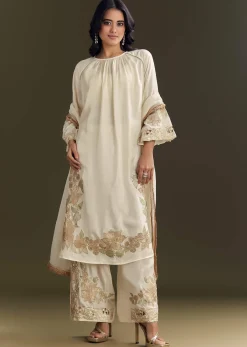 Off White Russian Silk Kurta Dupatta Set With Applique Zari Work