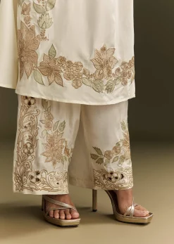 Off White Russian Silk Kurta Dupatta Set With Applique Zari Work