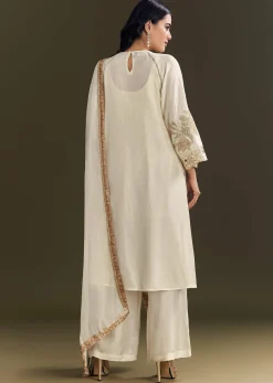 Off White Russian Silk Kurta Dupatta Set With Applique Zari Work