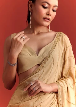 Off White Saree In Chinnon With Cutdana Work