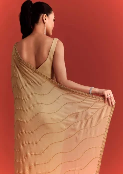 Off White Saree In Chinnon With Cutdana Work