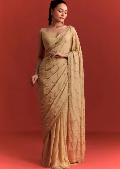 Off White Saree In Chinnon With Cutdana Work
