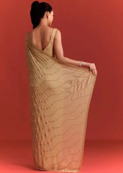 Off White Saree In Chinnon With Cutdana Work
