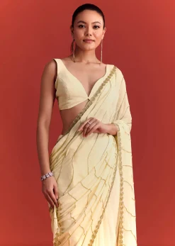 Off White Saree In Chinnon With Cutdana Embroidery