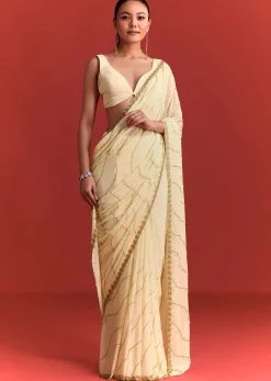 Off White Saree In Chinnon With Cutdana Embroidery