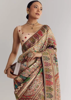 Off White Saree In Natural Traditional Prints