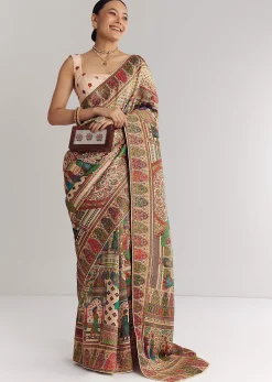 Off White Saree In Natural Traditional Prints