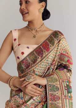 Off White Saree In Natural Traditional Prints
