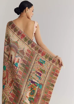 Off White Saree In Natural Traditional Prints
