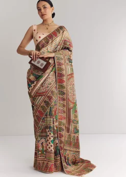 Off White Saree In Natural Traditional Prints