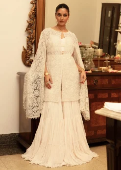 Off White Sequence Crepe Gathered Sharara Set With Fancy Sleeves Jacket