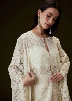 Off White Sequence Crepe Gathered Sharara Set With Fancy Sleeves Jacket