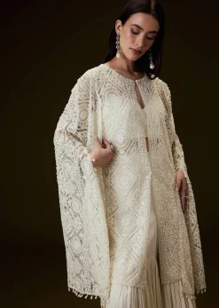 Off White Sequence Crepe Gathered Sharara Set With Fancy Sleeves Jacket