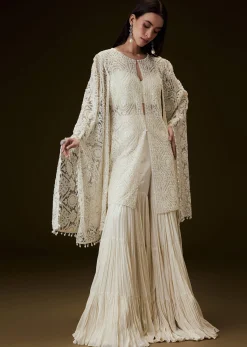 Off White Sequence Crepe Gathered Sharara Set With Fancy Sleeves Jacket