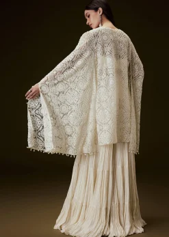 Off White Sequence Crepe Gathered Sharara Set With Fancy Sleeves Jacket
