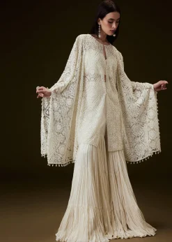 Off White Sequence Crepe Gathered Sharara Set With Fancy Sleeves Jacket