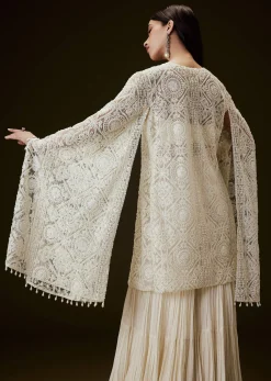 Off White Sequence Crepe Gathered Sharara Set With Fancy Sleeves Jacket