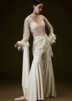 Off White Sequence Embroidered Sharara Set With Feather Sleeves Jacket And Bustier