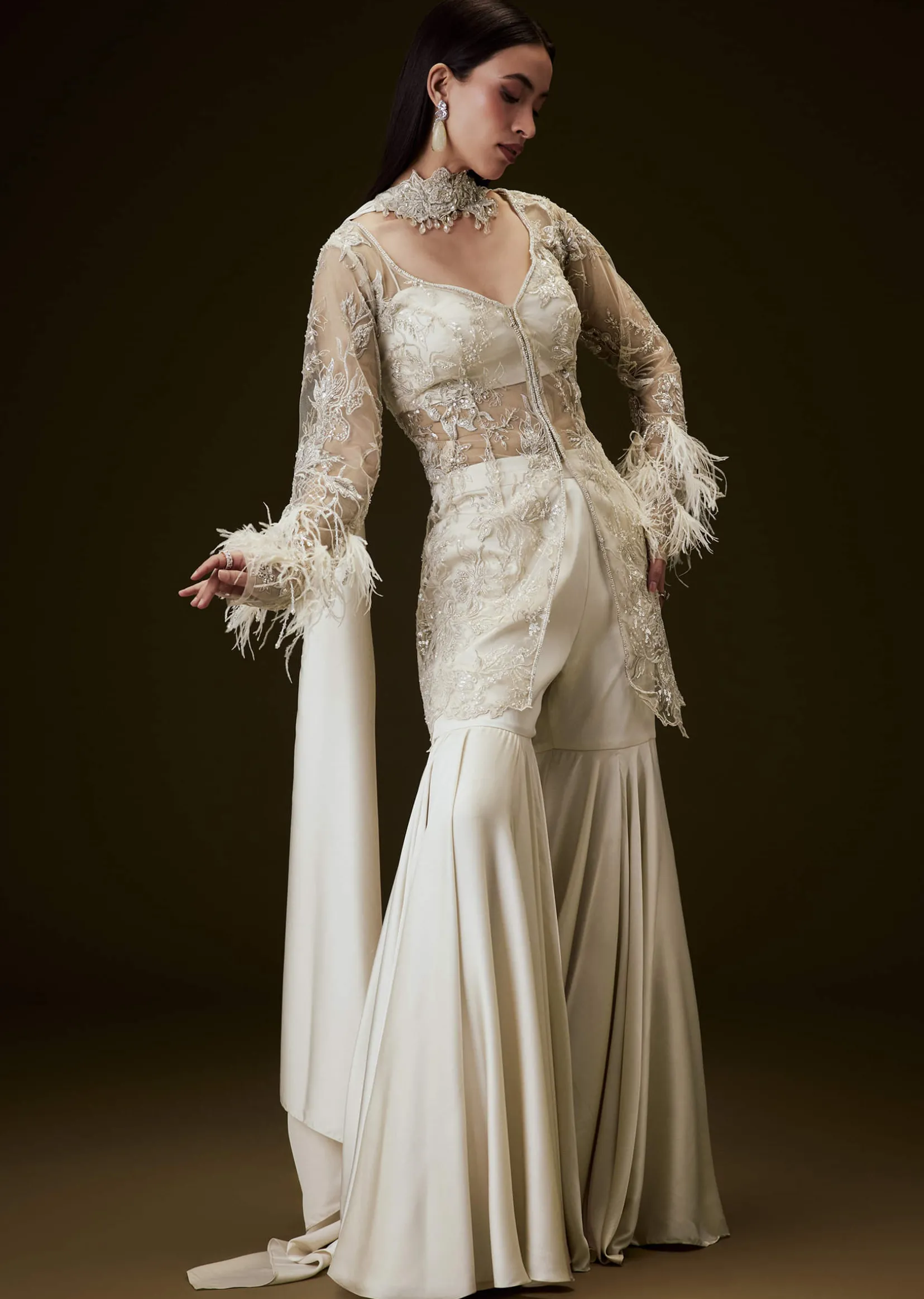 Off White Sequence Embroidered Sharara Set With Feather Sleeves Jacket And Bustier