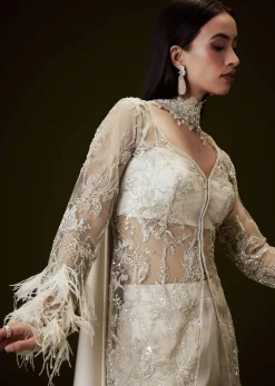 Off White Sequence Embroidered Sharara Set With Feather Sleeves Jacket And Bustier